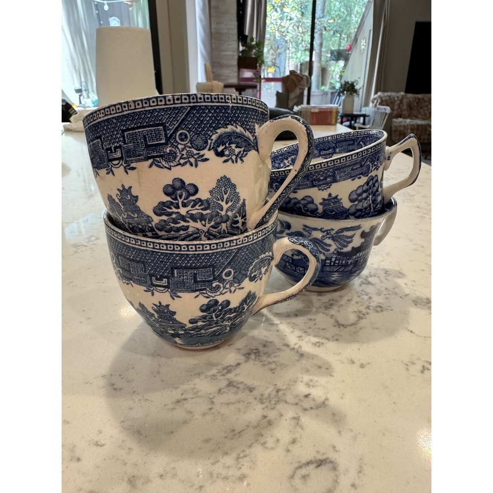 Vintage Arklow Willow Blue White Tea Cups lot of 4 Made in Ireland Chinoiserie
